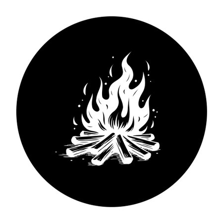 A striking graphic illustration of a burning campfire with firewood on a black background, representing warmth, adventure, and the essence of outdoor camping.のイラスト素材