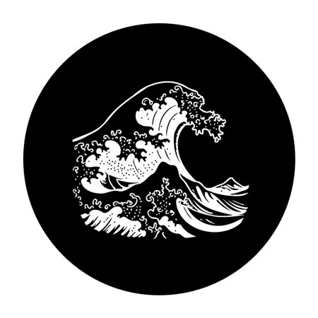A stylized illustration of a Japanese great wave in white against a black circle. Perfect for vintage designs, apparel, or artistic projects that need a unique touch.のイラスト素材