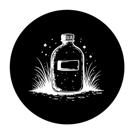 This monochrome illustration features a potion bottle surrounded by glowing grass and sparkles, evoking a sense of magic and mystery. Ideal for fantasy or Halloween-themed designs.のイラスト素材
