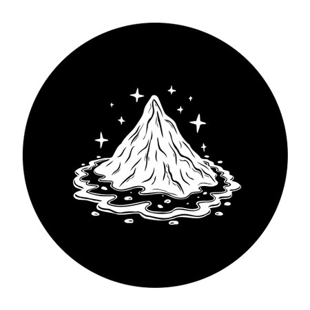 Magical mountain illustration encircled by a magical liquid, set against a dark backdrop and enhanced with twinkling stars, invoking feelings of wonder and magic.のイラスト素材