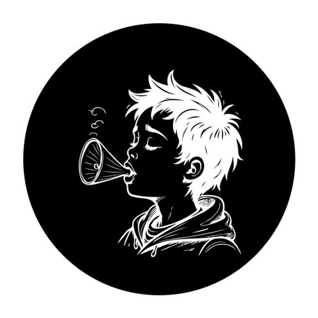 A monochrome illustration depicts a young boy blowing a horn within a black circle, showcasing expressive art and carefree celebration.のイラスト素材