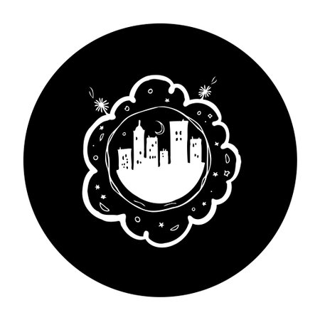 A hand-drawn cartoon illustration presents a cityscape at night, enclosed within a whimsical cloud shape adorned with twinkling stars. The artwork's simple yet captivating design evokes a sense of urban tranquility under the night sky.のイラスト素材