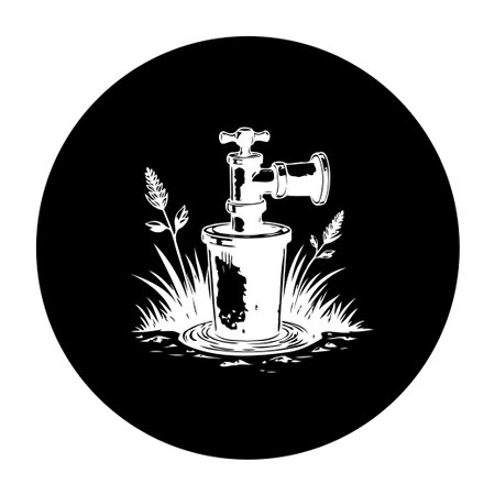 A monochrome illustration showcasing a vintage water tap amidst plants, symbolizing ecology and sustainability. This image can be utilized to represent environmental awareness campaigns.のイラスト素材