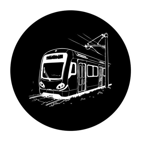 Monochrome sketch illustration of a modern tram on a dark background. The image is a vector graphic, depicting public transportation in an urban environment.のイラスト素材