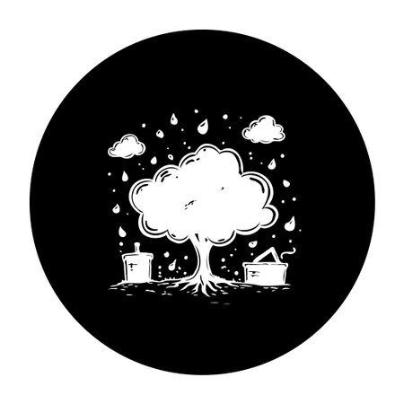 A whimsical monochrome illustration features a tree weathering a gentle rain, two buckets strategically positioned to catch the falling droplets. Vector design and nature concept artwork.のイラスト素材