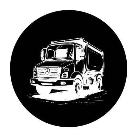 A monochrome illustration of a tanker truck inside a black circle. Ideal for representing transportation, logistics, or delivery services.のイラスト素材