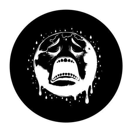 Illustration depicting a sad and melting Earth, symbolizing the impact of global warming. Conveying climate change distress, pollution and environmental concerns. Highlighting the planet's struggle and the urgent need for action.のイラスト素材