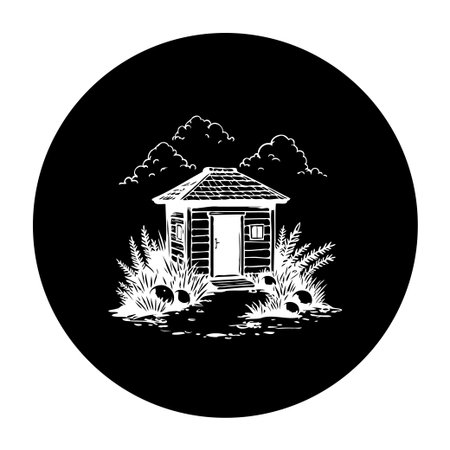 A minimalist drawing features a isolated cabin nestled amidst nature, set against a black background. The image conveys a sense of tranquility, relaxation, and escape into the wilderness, perfect for evoking a peaceful ambiance.のイラスト素材