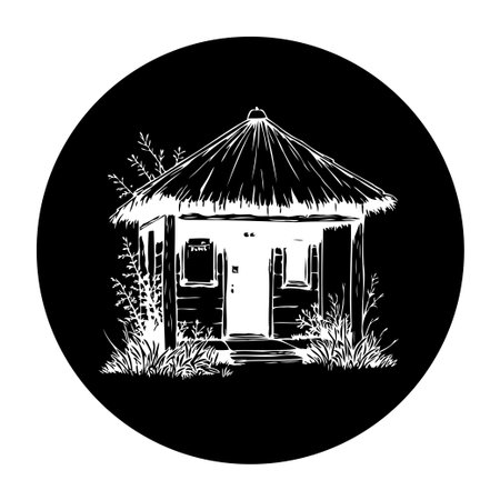 A minimalist hand-drawn illustration of a tiki hut, featuring a thatched roof and simple design. The image is set against a circular black background, accentuating the white vector art.のイラスト素材