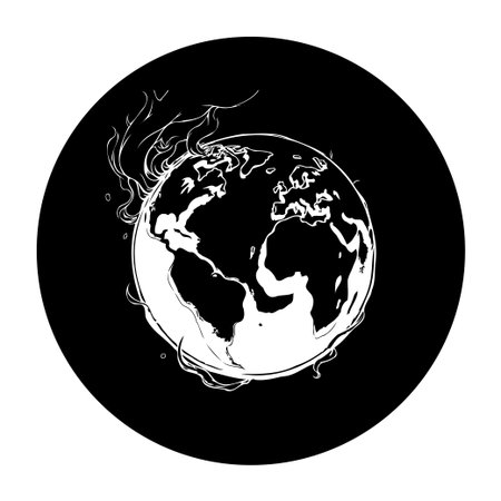 Stylized vector illustration of Earth with smoke and damage, representing climate change. The black and white design evokes themes of crisis and environmental impact.のイラスト素材