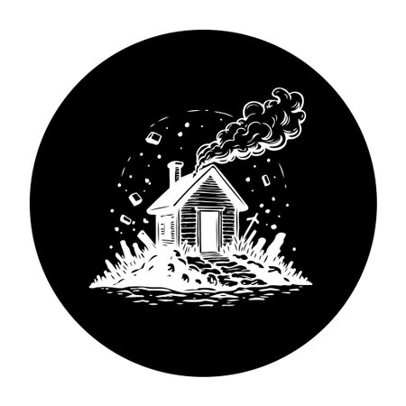 A black and white illustration showcases a quaint cabin emitting smoke, surrounded by snow and a serene landscape, evoking a sense of rustic charm and peaceful winter escape.のイラスト素材