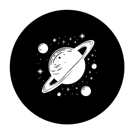 Elegant vector illustration of Saturn, surrounded by stars. Perfect for astronomy enthusiasts, space-themed projects, or adding a touch of cosmic wonder to designs.のイラスト素材