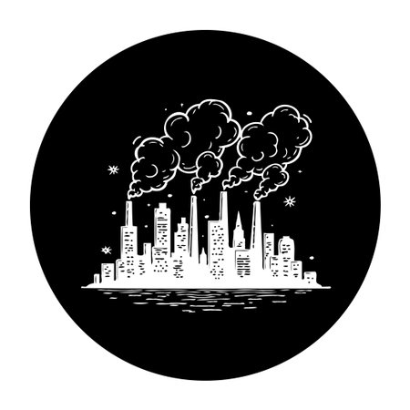 A stark black and white illustration captures a city skyline marred by industrial pollution. Clouds of smoke billow from factories, symbolizing environmental degradation and ecological concerns.のイラスト素材