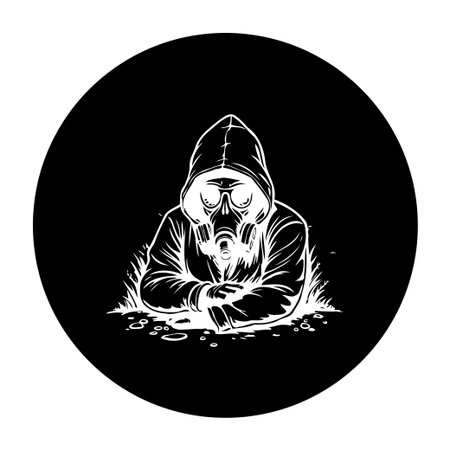 An illustration of a hooded figure wearing a gas mask in a dark circle, conveys a sense of mystery and danger.のイラスト素材