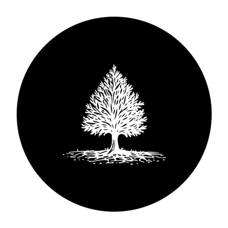 A minimalist design features a white tree silhouette against a black background, representing nature, growth, and resilience in a timeless visual.のイラスト素材