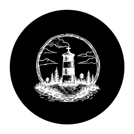 A black and white illustration of a lighthouse standing tall amidst nature, radiating hope and guidance. Captures the serenity of coastal charm and resilience.のイラスト素材