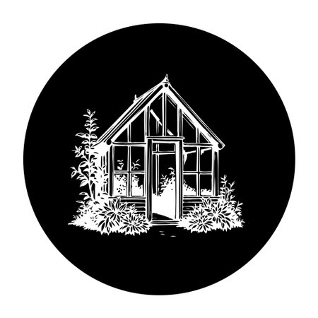 A monochrome vintage greenhouse illustration surrounded by lush foliage, evoking serene garden retreat and rustic charm, perfect for botanical and horticultural themes.のイラスト素材
