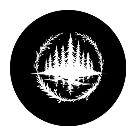 A monochromatic, artistic design featuring trees and their reflections within a circle frame. The botanical elements add a touch of elegance to this nature scene.のイラスト素材
