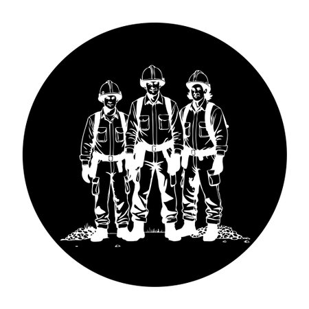 This striking illustration features three firefighters rendered in white, standing boldly against a solid black circular background. Their unified presence speaks volumes about teamwork, preparedness, and commitment to service.のイラスト素材