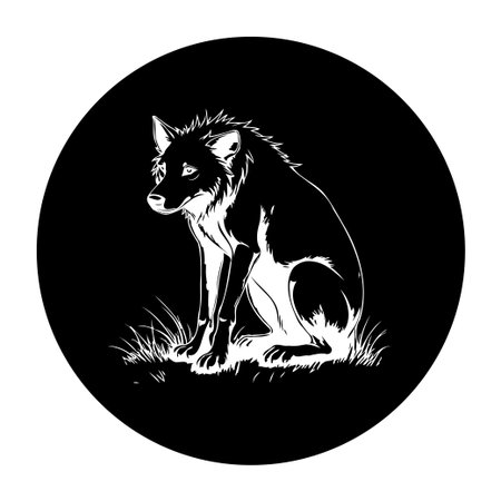 A striking black and white illustration of a wolf sitting in grass, capturing its wild essence in a minimalist style, suitable for design projects.のイラスト素材