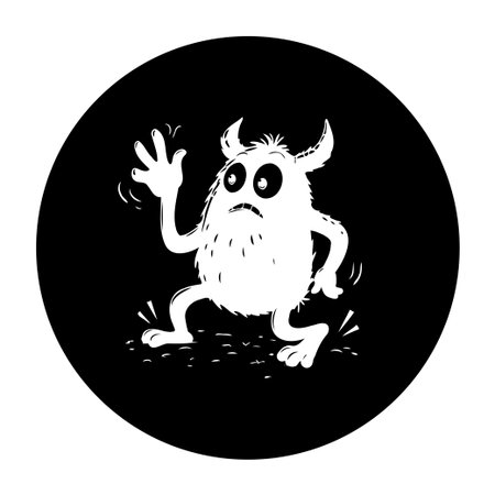 A funny and frightened cartoon monster character waving its hand inside a black circle background in a hand-drawn illustration style. It features a worried facial expression.のイラスト素材