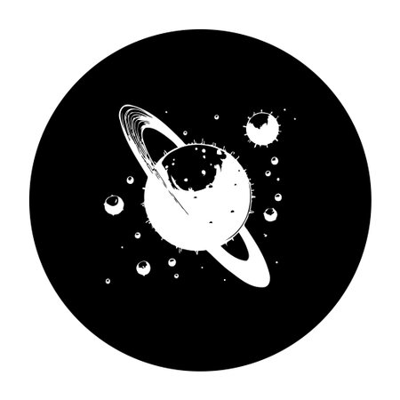 A striking monochromatic illustration showcasing a ringed planet amidst a starfield. The design emphasizes the beauty and mystery of cosmic phenomena.のイラスト素材