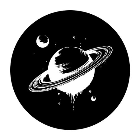 A black and white image of saturn with prominent rings, surrounded by stars. Abstract and artistic depiction with a dripping effect.のイラスト素材