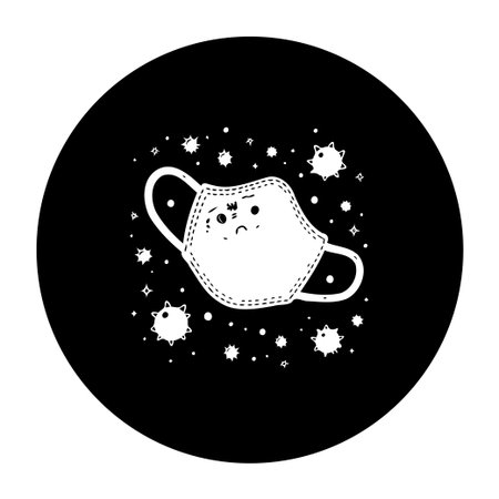 A cartoon illustration of a sad-faced medical mask surrounded by virus particles, symbolizing the challenges and concerns related to health during a pandemic and the importance of protection.のイラスト素材