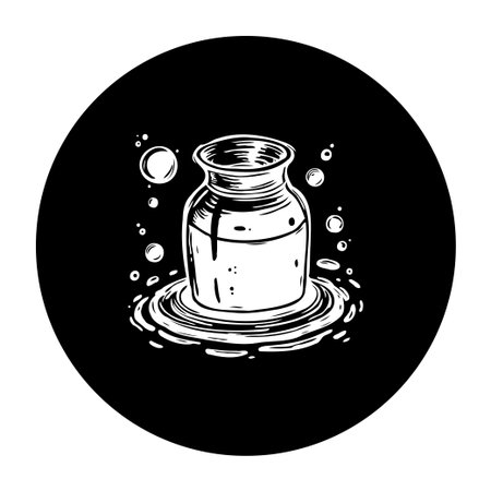 This artistic monochrome drawing illustrates a jar with liquid and bubbles. Isolated on a solid black background, the vintage design offers purity and serenity.のイラスト素材