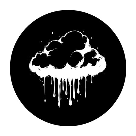 Monochrome vector illustration of a cloud with a unique dripping effect and splatters, set against a dark background. Perfect for adding a stylish and imaginative touch to various design projects.のイラスト素材