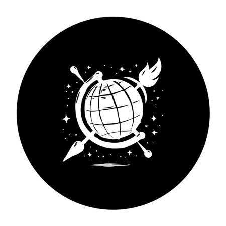 A stylish black and white illustration depicting a globe crossed by paintbrushes, symbolizing global...