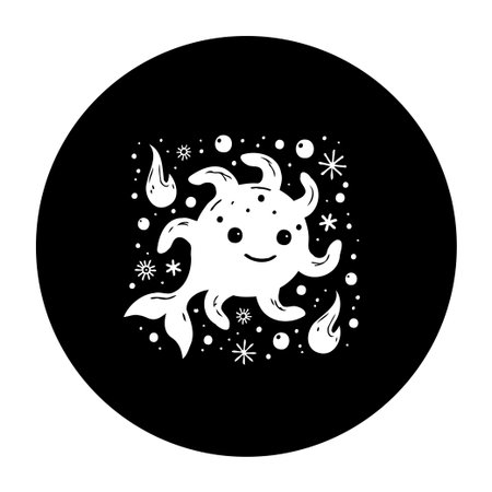 A charming monochrome drawing depicts a cute sea creature surrounded by stars and bubbles, creating a whimsical and playful atmosphere suitable for children's illustrations.のイラスト素材