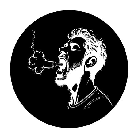Minimalist art style depicting a person exhaling smoke from an electronic cigarette, creating a modern yet artistic feel. The black and white design emphasizes the profile and the vapor.のイラスト素材