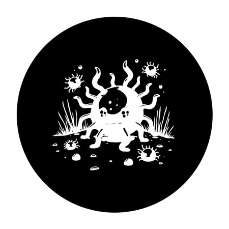 Stylized illustration of a cute monster with tentacles and spiky details in a black circle, ideal for Halloween and playful designs, vector drawing.のイラスト素材