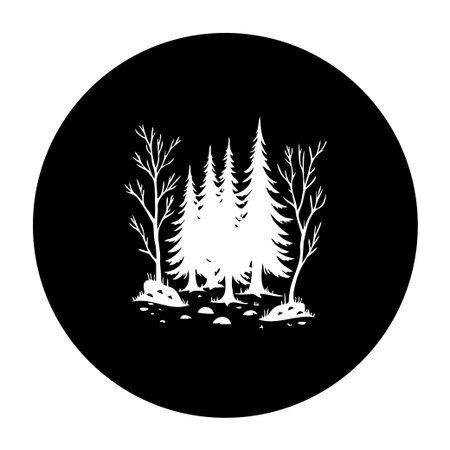 A minimalist graphic design features silhouetted pine and bare trees within a circle. The monochrome illustration evokes nature and peaceful scenery.のイラスト素材