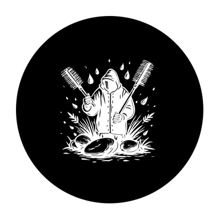Monochrome graphic design featuring a mysterious hooded figure holding cleaning brushes, surrounded by rain and stylized vegetation, creating an intriguing and symbolic illustration.のイラスト素材