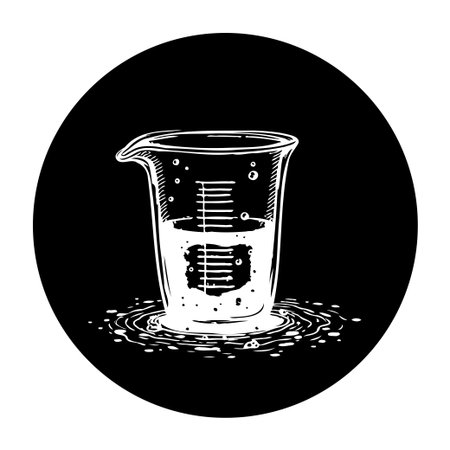 A minimalist sketch illustration of a science lab beaker with a liquid experiment showing measurement. The illustration is in black and white.のイラスト素材