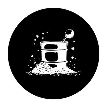 Monochrome illustration featuring a barrel filled to overflowing with granular material. A spoon rests inside, all contained within a stylized circle. The design is simple and graphic.のイラスト素材