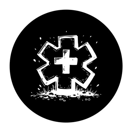 A distressed medical emblem illustration showcasing a star of life symbol. The emblem is created with an artistic style, set against a black background.のイラスト素材