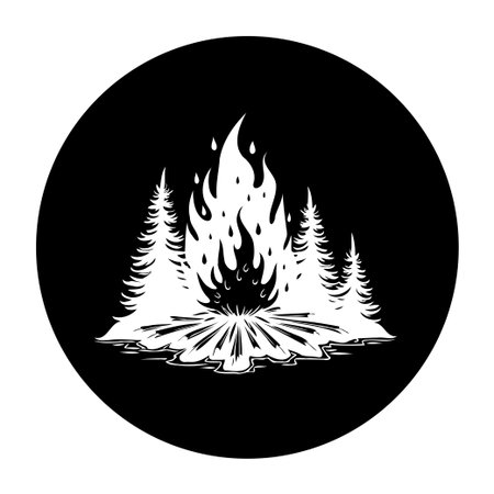 A captivating monochromatic illustration showcases a campfire surrounded by trees. The circular design enhances the focus on the warm, inviting scene.のイラスト素材