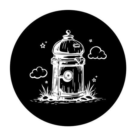 This vintage-style illustration features a fire hydrant in a black circle. The design evokes a sense of classic urban infrastructure and emergency preparedness.のイラスト素材