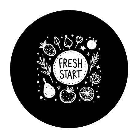A monochrome illustration showing the concept of a fresh start. It features stylized fruits and leaves arranged around a central text, representing a new beginning and a healthy lifestyle.のイラスト素材