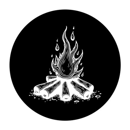 Monochrome illustration featuring a bonfire, showcasing burning wood and flickering flames. Ideal for designs related to camping, outdoor adventures, or warmth in natural settings.のイラスト素材