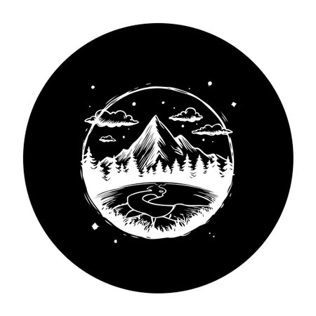 A monochrome illustration showcasing a serene mountain landscape with a reflective lake under a starlit sky. Perfect for nature enthusiasts and adventure seekers.のイラスト素材