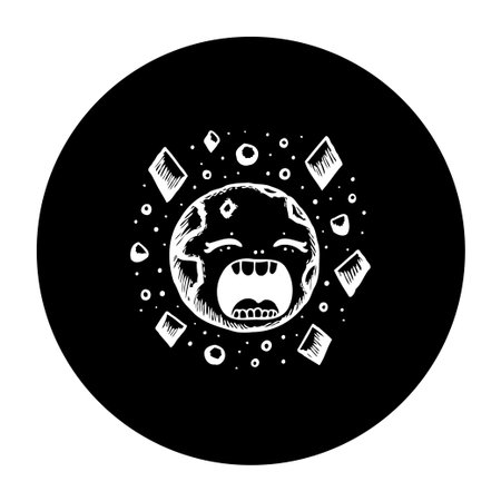 A whimsical drawing shows an expressive celestial orb with diamond accents and an open mouth on a black background. It's a fun, modern illustration.のイラスト素材