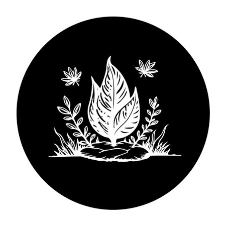 A minimalist hand-drawn illustration features a large leaf surrounded by plants and cannabis leaves, set within a black circle. The design is simple, artistic, and botanical.のイラスト素材