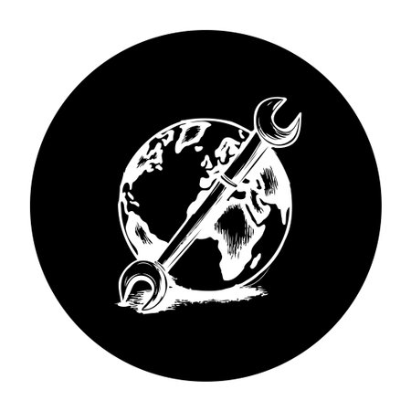 This image is a symbolic representation of global maintenance and repair. It depicts a wrench superimposed on the earth, emphasizing the concept of fixing and supporting the world's infrastructure.のイラスト素材