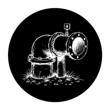 Detailed pipe system illustration in black and white, features industrial aesthetic with precise linework showcasing the design and elements.のイラスト素材