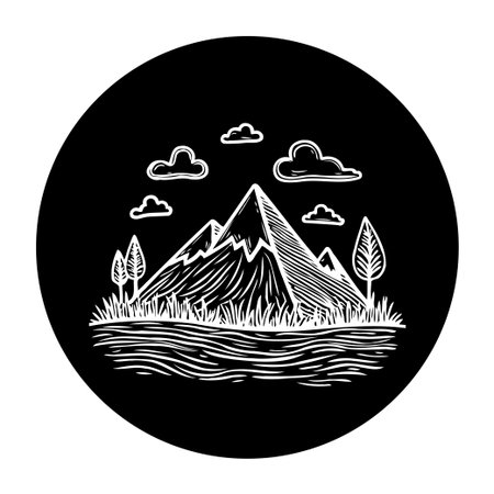 A minimalist black and white illustration featuring a mountain range, clouds, trees, and water. Ideal for nature-themed graphic designs and branding.のイラスト素材