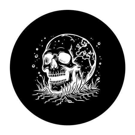 This illustration depicts a skull shaped like Earth, continents, and oceans, highlighting environmental concerns and climate change in a powerful visual metaphor.のイラスト素材